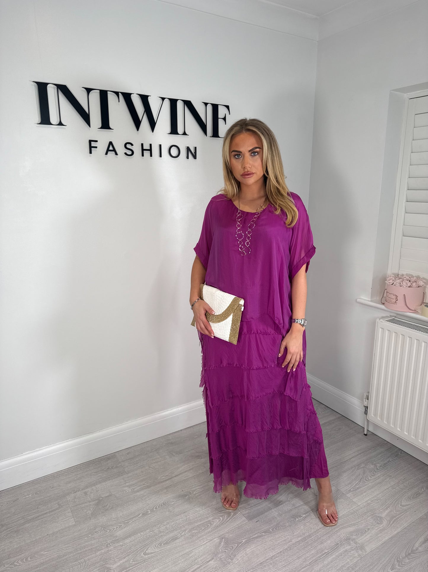 Kerry silk mix ruffle dress with blouson top