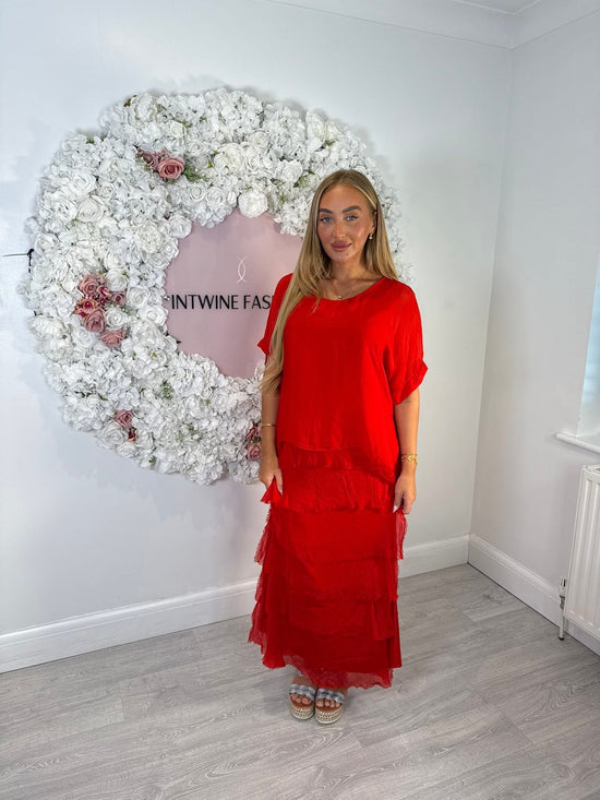 Kerry silk mix ruffle dress with blouson top