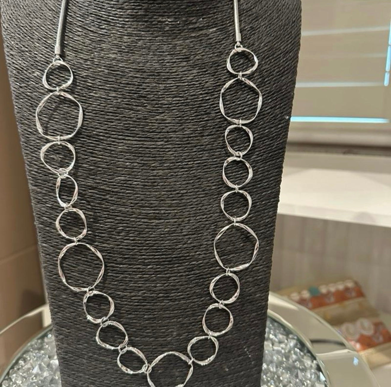 NATASHA CIRCLE RINGED LONG NECKLACE as worn with Kerry dress