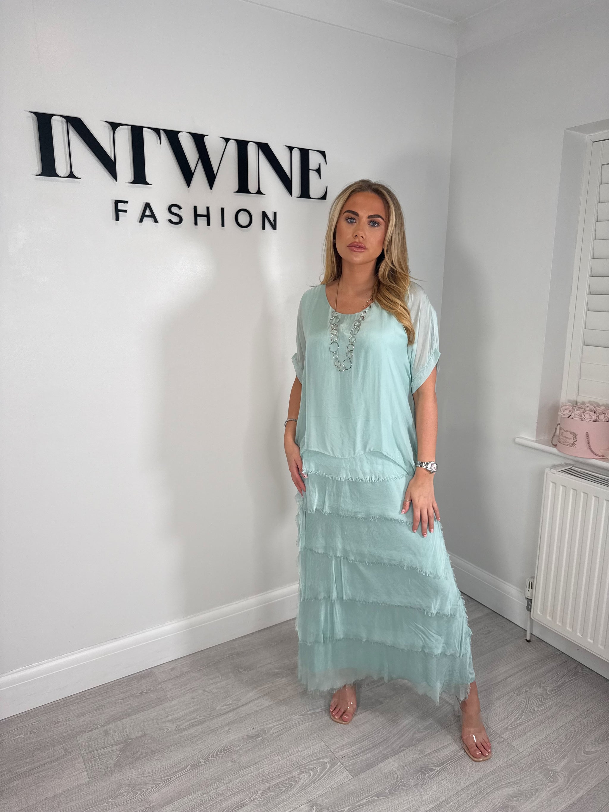 Kerry silk mix ruffle dress with blouson top