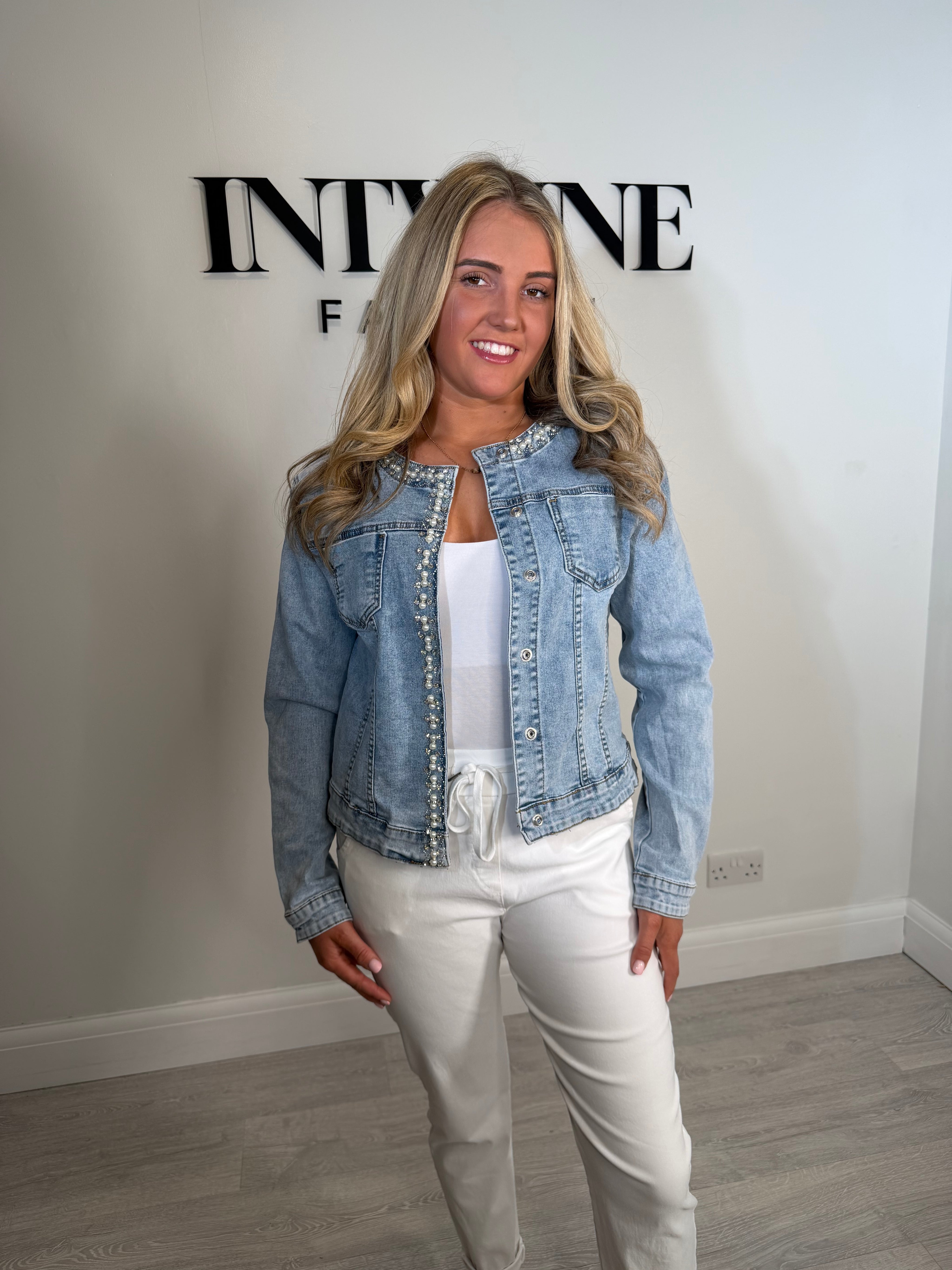 Denim Pearl diamonte detail jacket